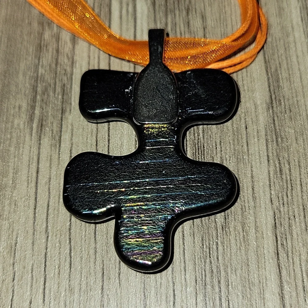 Autism Awareness Orange Multi Fused Glass Handmade Artisan Puzzle Pendant - Picture 7 of 7